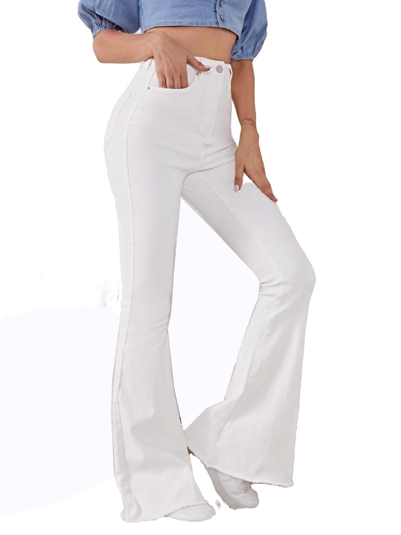 Women's Jeans Zipper Fly Flare Leg Jeans White L