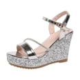 thumbnail image 4 of Rokment Women's Glitter Rhinestones Platform Wedge Dressy Sandals Ladies Metallic Vintage Casual Leather Open Toe Chunky Extra High Heels Dress Summer Shoes for Bride Wedding Silver Size 6, 4 of 6