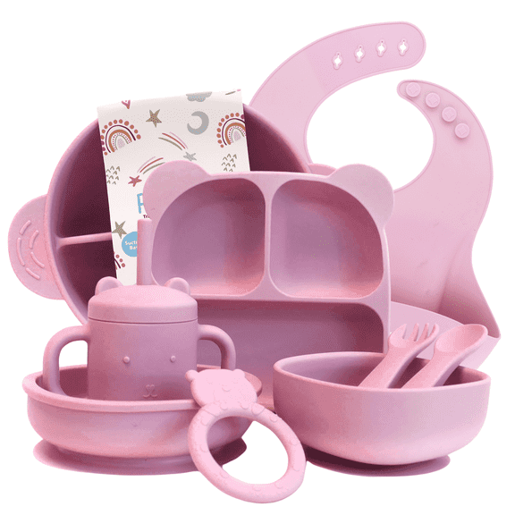 Beille 9pc Lavender Silicone Baby Feeding Set Suction Plates Teether Sippy Cup Bowls Ages One and Up