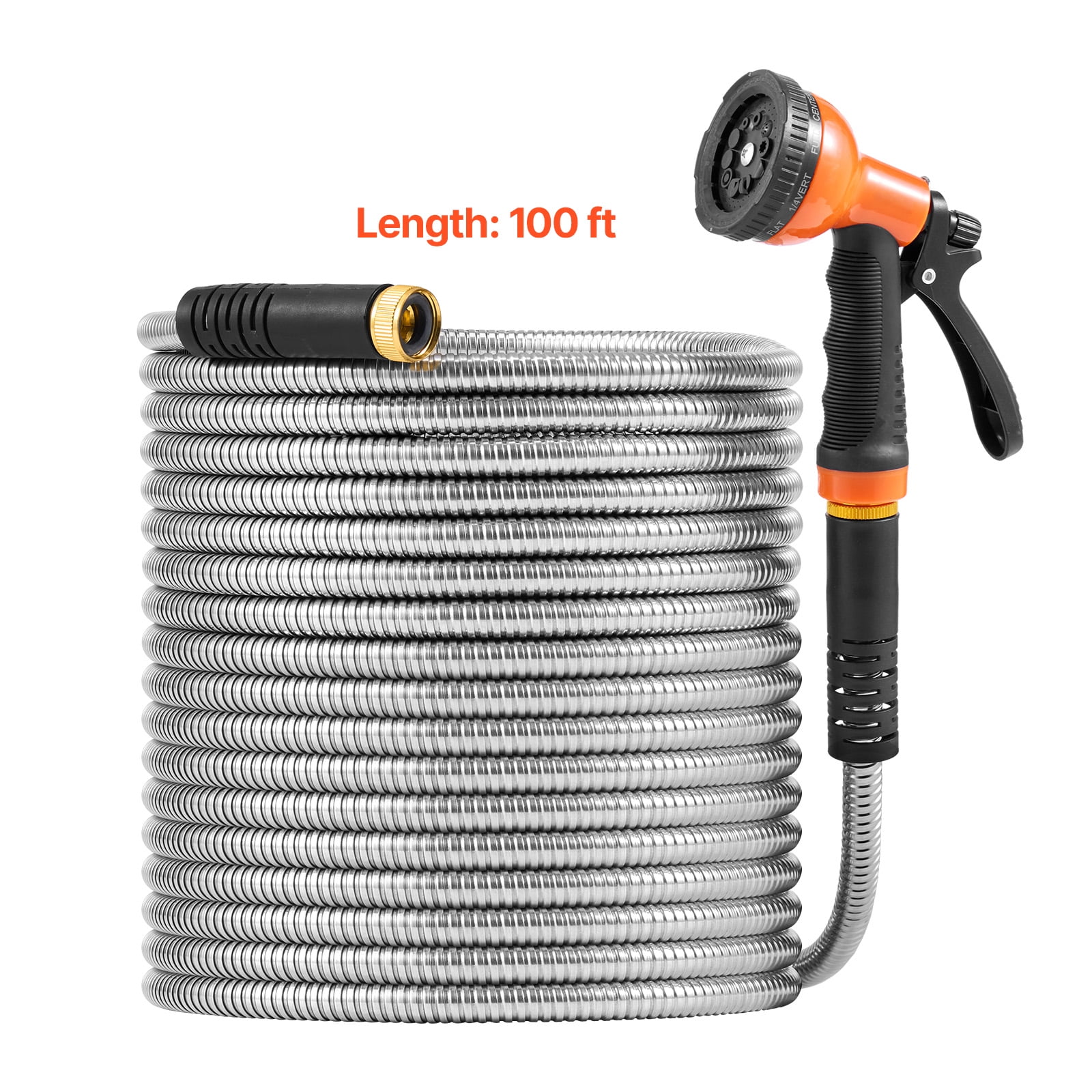 KFFKFF 100 ft Metal Garden Hose, Durable Stainless Steel Water Hose, Flexible Backyard Hose with 10-Function Nozzle, Anti-Kink Design, Lightweight Water Pipe for Outdoor, Yard
