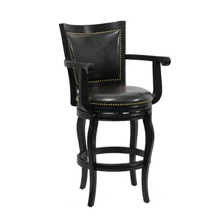 Hugo 29 Inch Swivel Barstool, Wood, Open Rolled Arms, Black
