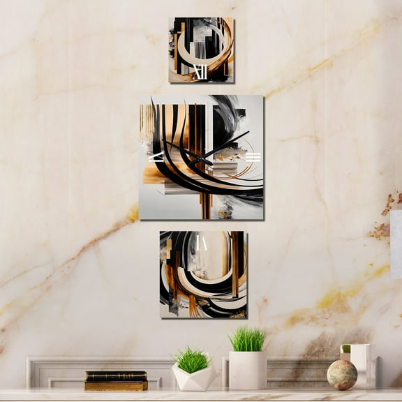 Designart "Art Deco with a Golden Touch I" Abstract Print Oversized Wall Clock - Set Of 3 - Multipanel Clock For Living Room Décor - Large Contemporary Wall Clock