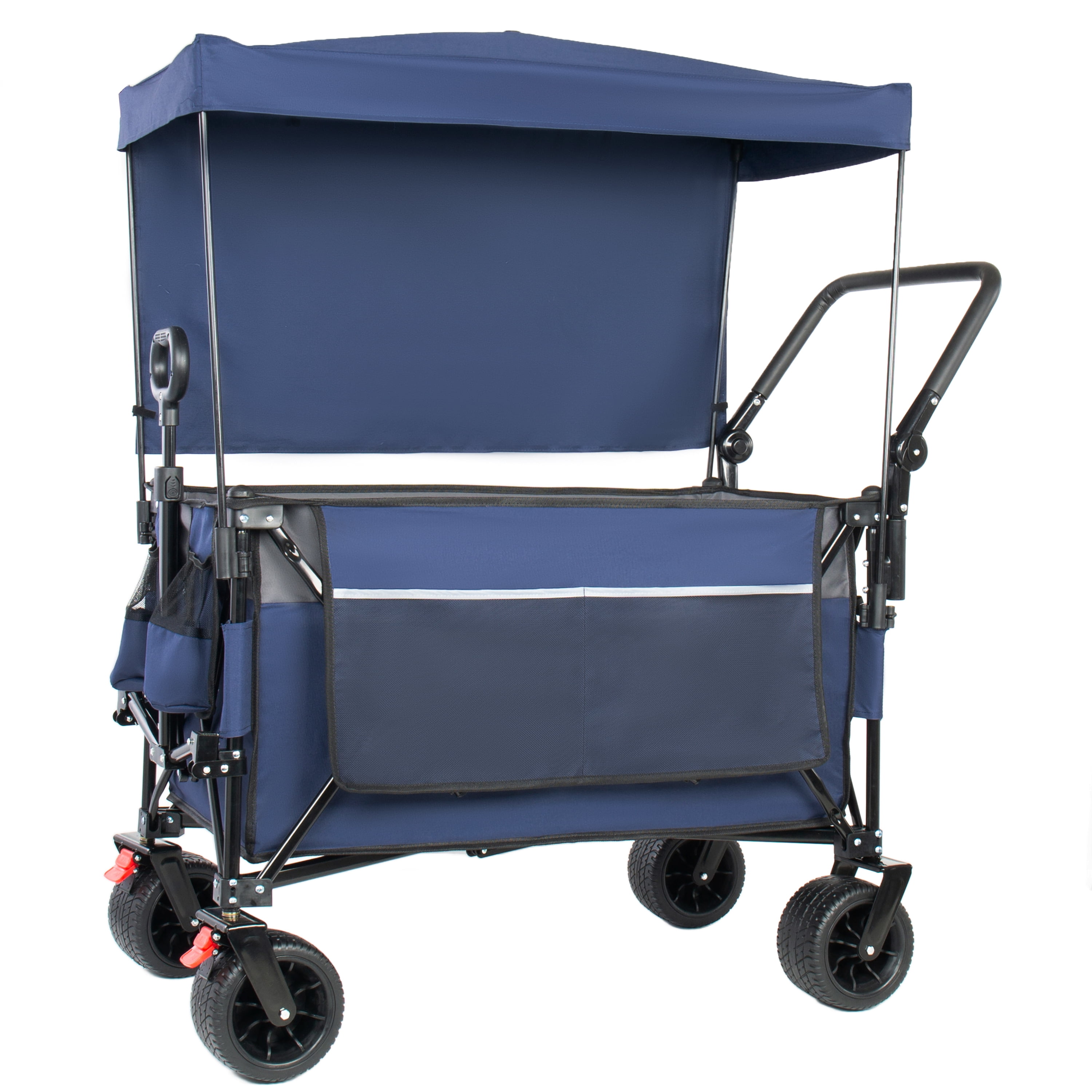 Multi-Functional Push-Pull Folding Wagon Cart Blue, Rotating Handle & Canopy, 7''x4'' Wheels with Brakes, 480lbs 300L for Outdoor, Groceries, Transport