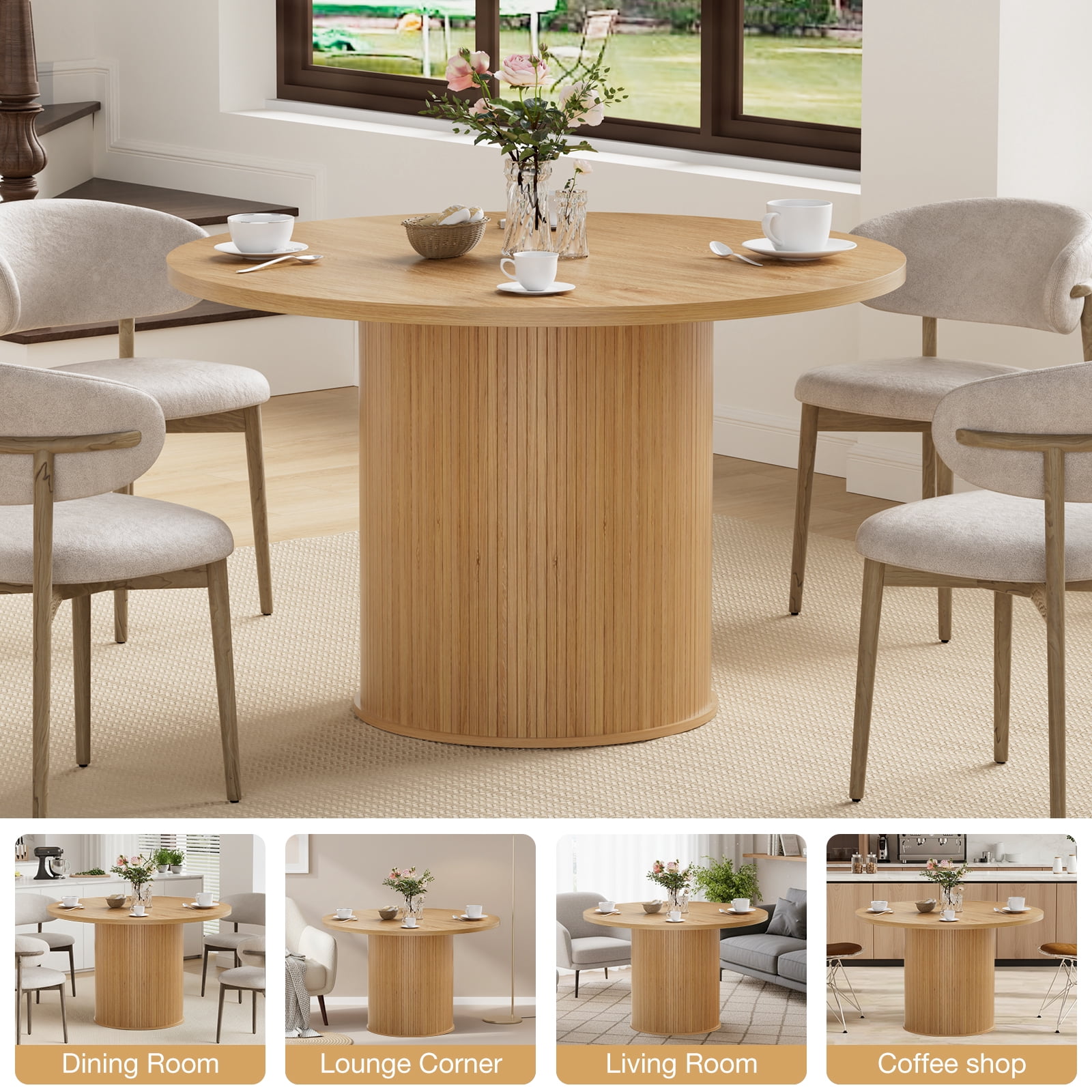 Hommpa 48" Round Dining Table Morden Kitchen Table Wood for 4 with Wood Slide Door for Kitchen Living Room,Heavy Duty Pedestal Base,Natural