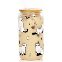 Halloween Glass Cup, 16oz Cute Ghost Cat Iced Coffee Can Glass Tumbler with Lid and Straw, Halloween Spooky Gifts for Her Him