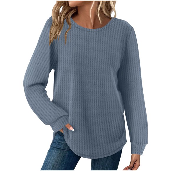 WRKEKC Women's Waffle Knit Crew Neck Top Solid Color Long Sleeve T-Shirt for Casual Comfort Versatile Styling and All-Day Ease