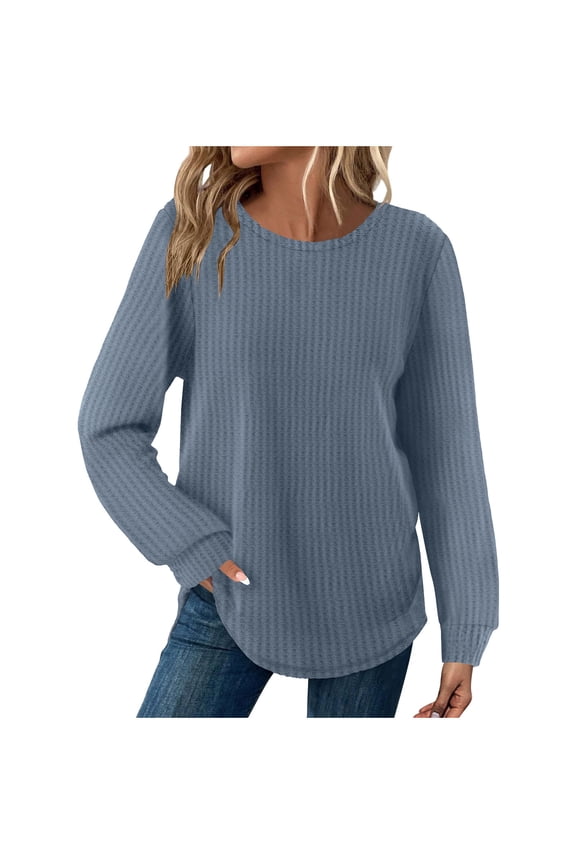 Spring Tops for Women Loose Fit Dressy Waffle Knit Long Sleeve Tunic Tops for Leggings Fall Fashion Crewneck Sweaters Curved Hem (Light Blue,L)