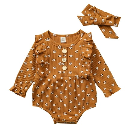 

QWERTYU Newborn Infant Baby Toddler Long Sleeve with Headband Set Ruffle Floral Bodysuits for Girl Summer Cotton 0-24M