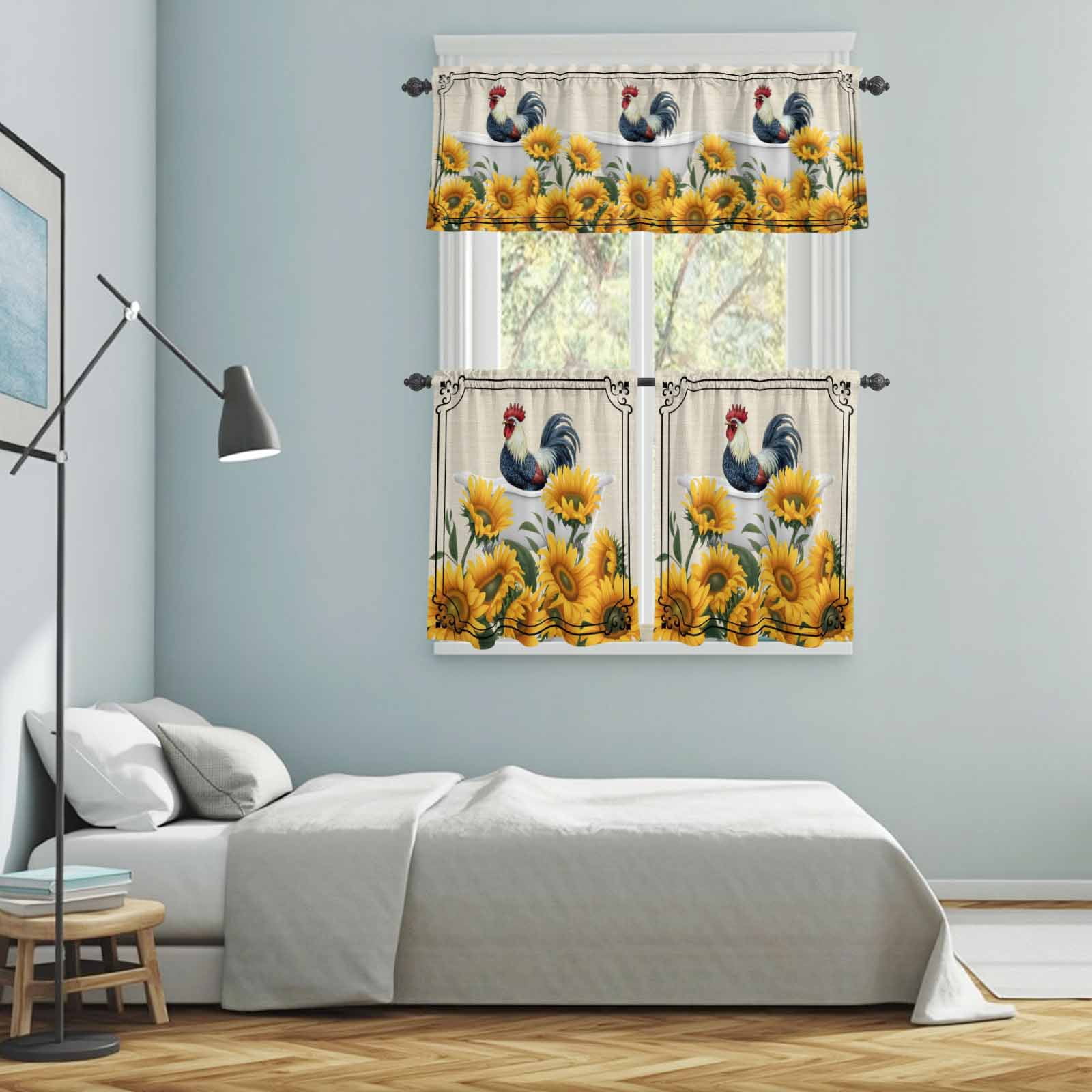 Farmhouse Kitchen Curtains Valances 3 Piece Set, Chicken in Bathtub Sunflowers Retro Border Linen Rod Pocket Tier Curtain and Valance Drapes for Small Window 24 Inch Length for Bedroom Cafe