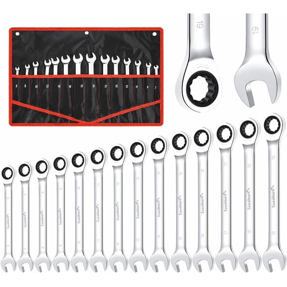 Ratcheting Wrench Set, Combination Wrench Set, 14-Piece，Organizer With Roll Up Pouch,Metric 6-19mm Fixed Head, 72-Tooth Wrench Kit