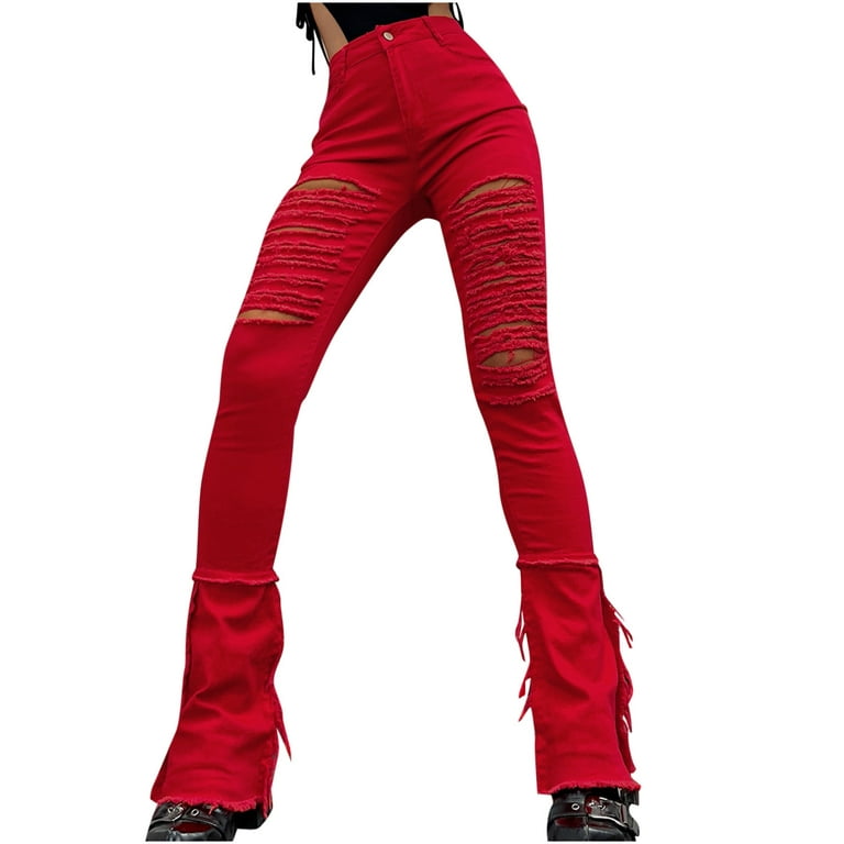 RYRJJ Women Skinny Bell Bottom Jeans Button High Waist Ripped Flared Jean  Destroyed Raw Hem Flare Denim Pants(Red,L)