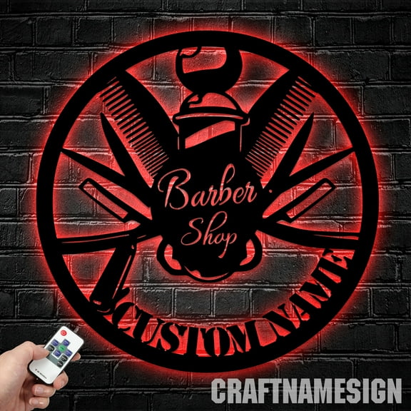 Craftnamesign Custom Barber Shop Metal Wall Art LED Light, Custom Hair Stylist Name Sign Decor
