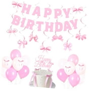 SKYSONIC Black Bow Party Decorations Girl Happy Birthday Banner Garland Hanging Swirl Black White Balloons Bow Cake Toppers for Bow Bachelorette Bridal Shower Party Decor Supplies(Black Bow)