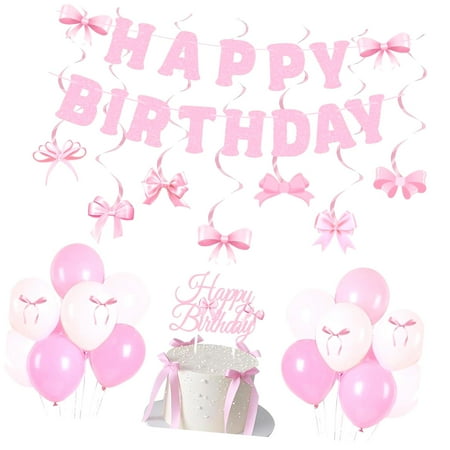 SKYSONIC Black Bow Party Decorations Girl Happy Birthday Banner Garland Hanging Swirl Black White Balloons Bow Cake Toppers for Bow Bachelorette Bridal Shower Party Decor Supplies(Black Bow)