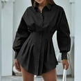 thumbnail image 2 of Wdgfv Women's Button Up Long Sleeve Mini T Shirt Dress Lapel Collar Pleated Flared Short Dresses Black XL, 2 of 6