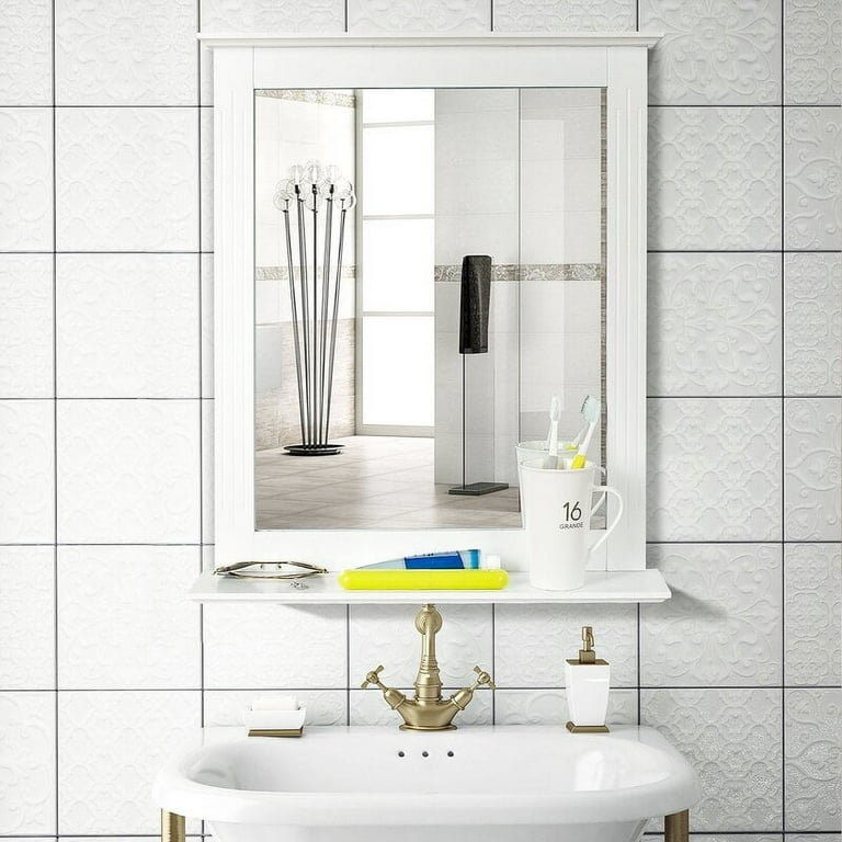 ARTPOWER Wall Mirror with Shelf, White Vanity Mirror with Hooks, Hanging  Wall Mirrors for Bathroom, Bedroom, Entryway, Living Room, 24