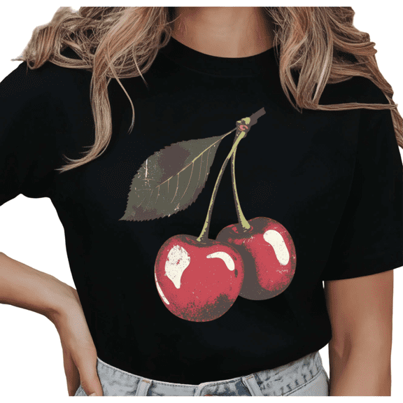 Women's Vintage Cherry Graphic Retro Fruit Lover Casual T Shirt Comfortable Short Sleeve Round Neck Top Black S-5XL