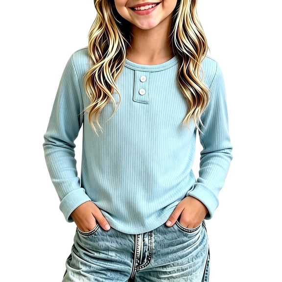 hotojiny Little Girls Long Sleeve Shirts Comfy Soft Crewneck Plain Kids Tops Boys Fitted Casual Undershirts(Sky Blue,1-2 Years)