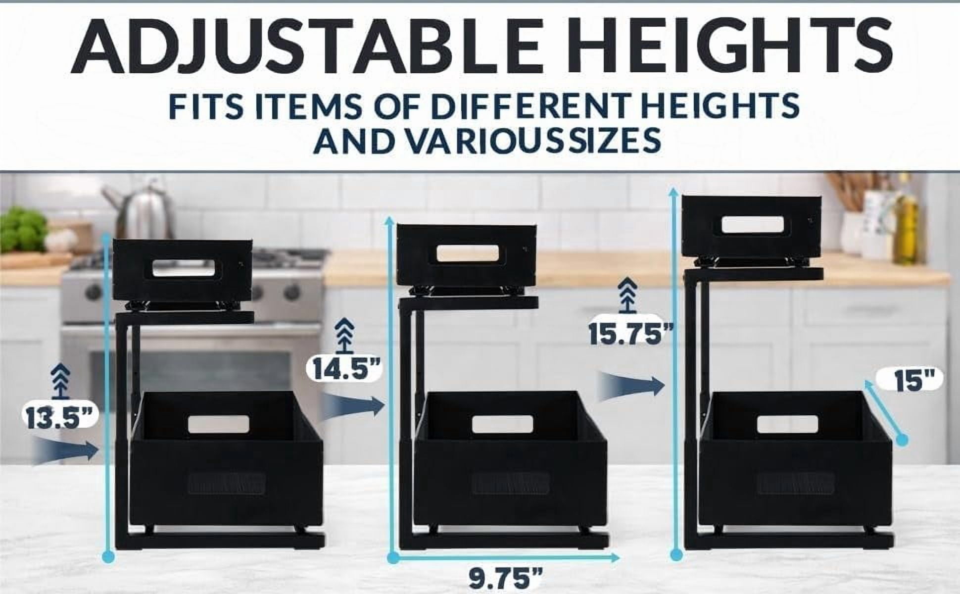 Heavy Duty Matte Black Metal Under Sink Organizer Set of 2 with Retractable Shelves, Adjustable Height, Expandable Storage for Kitchen Bathroom and Laundry Room