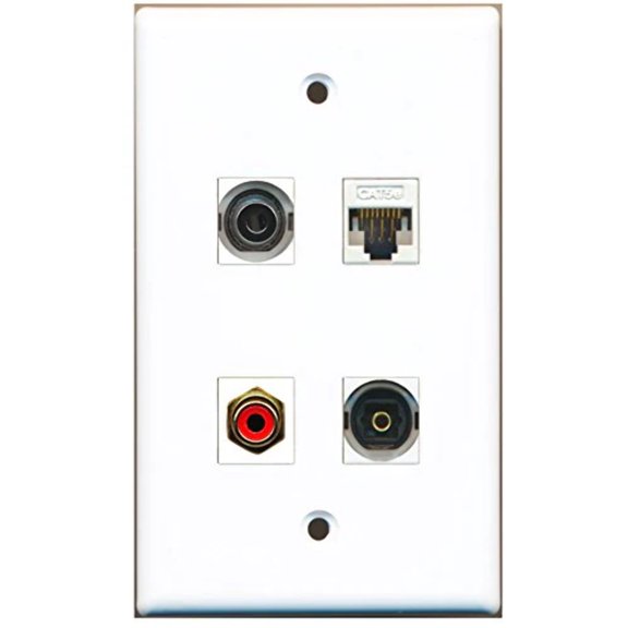 RiteAV - 1 Port RCA Red 1 Port Toslink 1 Port 3.5mm 1 Port Cat5e Ethernet White Wall Plate
