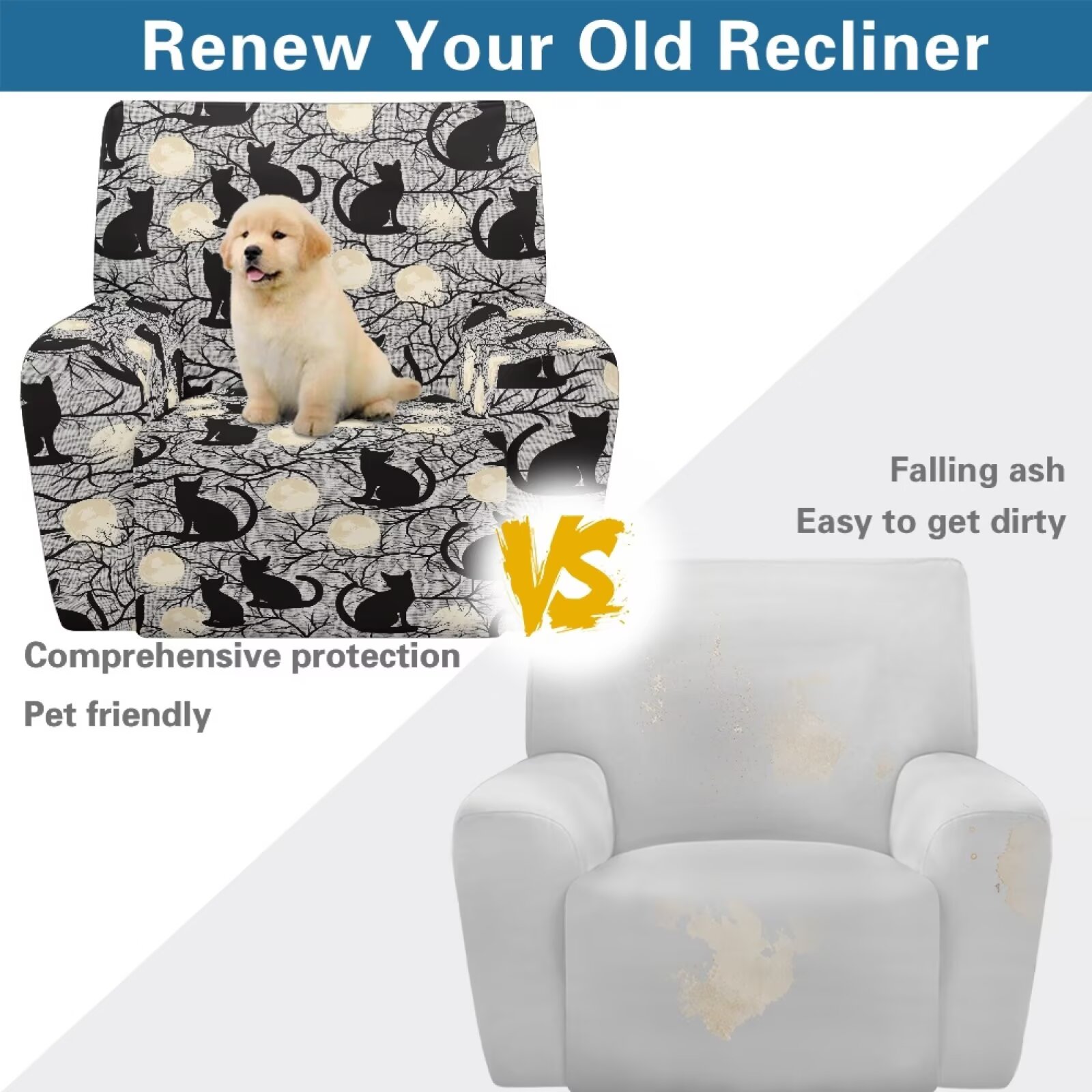 Yuyamidu Black Cat Reclining Chair Covers 4 Pieces Comfortable Recliner Sofa Slipcovers with Pocket Replacement Lazyboy Cover for Recliner Chair Gift for Friends