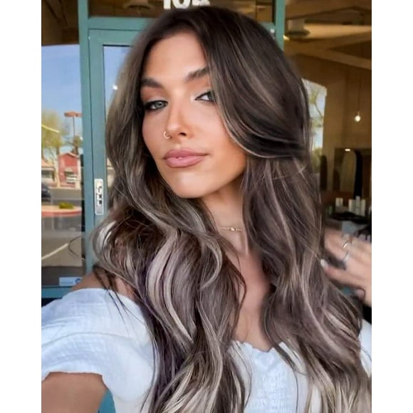 AmPm Sandy Blonde Wigs with Bangs, Ombre Brown Hair Beach Blonde Wig for Women, Synthetic Glueless Wig Natural Straight Layered Bang Wig 20 inch AmPm-220