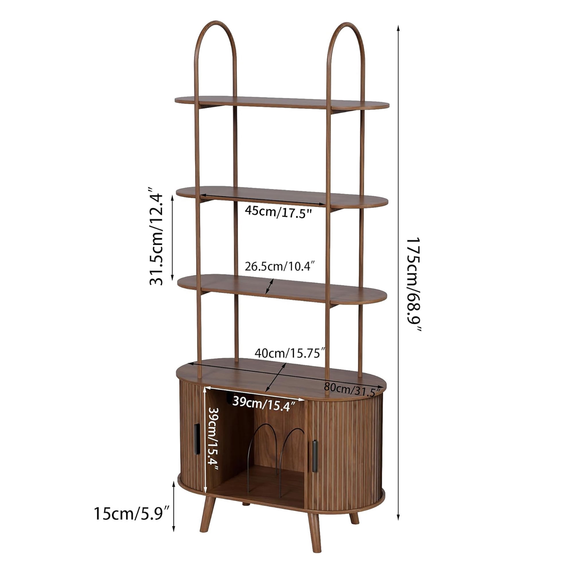 68.9" Tall Arched Bookshelf with with Sliding Tambour Doors, 4-Tier Open Display Storage Shelf, Vinyl Record Player Stand for Home Office, Living Room, Walnut