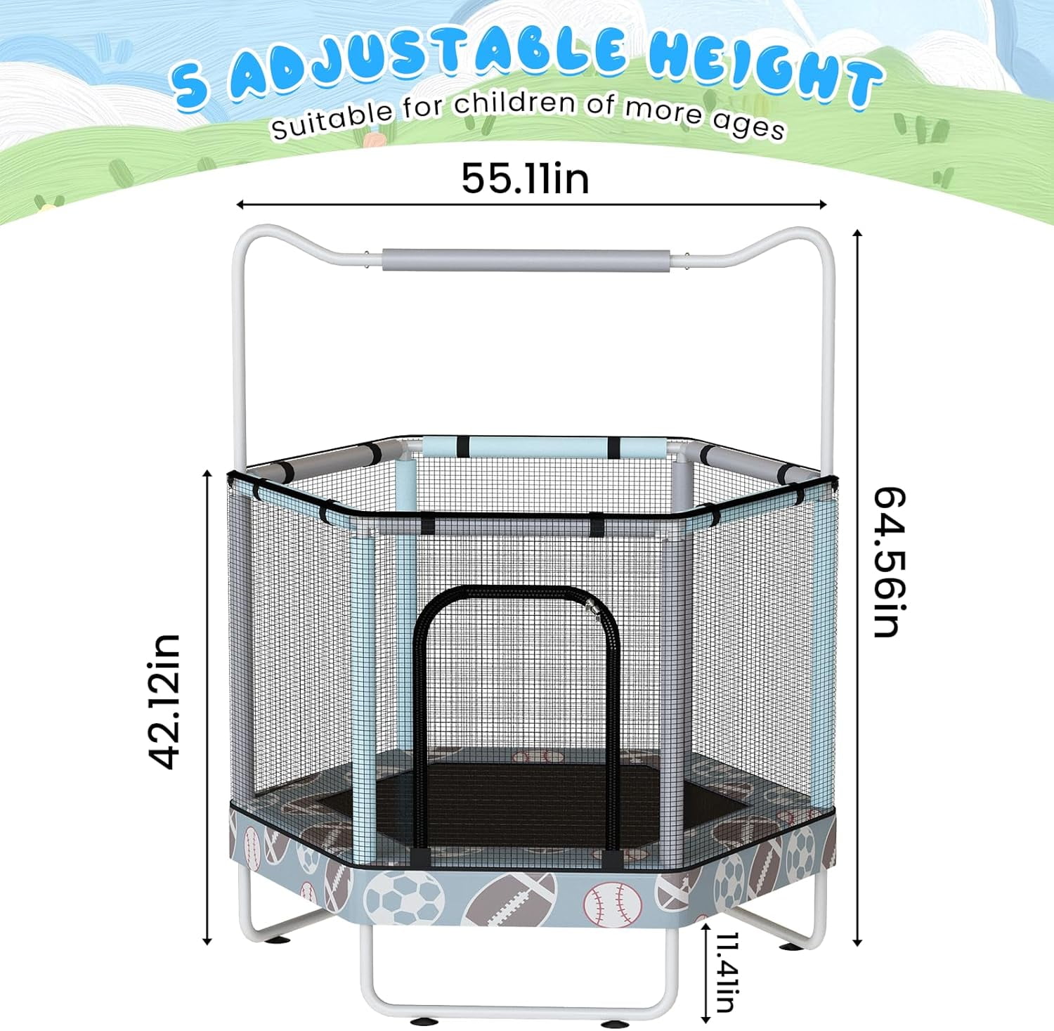 Baxluxe Toddler Trampoline for Kids Ages 3-8, 55in 7-in-1 Upgraded Indoor Trampoline with Net ,500lbs Capacity Safe Trampoline Toys,Inside Mini Trampoline Boys Girls Outdoor Adjustable Height