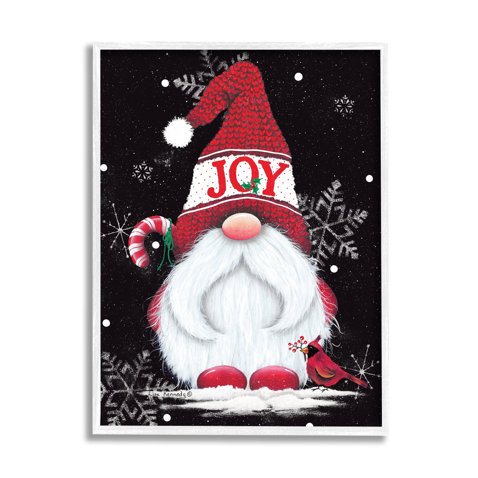 Red Holiday Gnome Candy Cane Snowflakes Pattern Fairy Tales & Fantasy Graphic Art Framed Art Print Wall Art