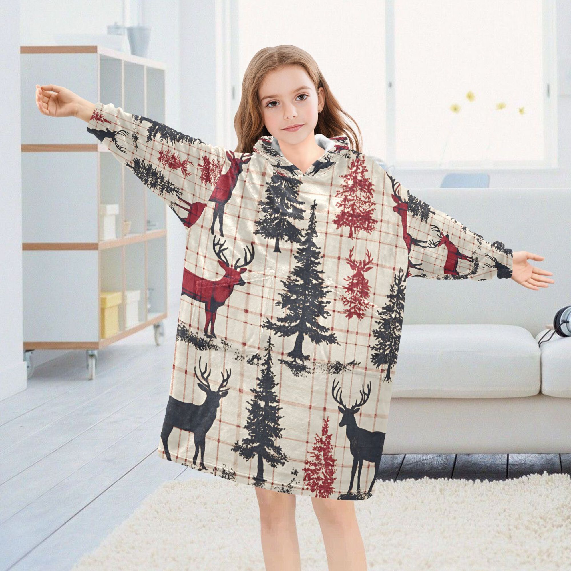FORMRS Wearable Blanket Hoodie with Sleeves for Kids Cozy Flannel Sweatshirt, Red Deer