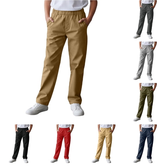Bigetiay Boys School Uniform Pants Straight Pants with Pockets Pull On Chino Pants Stretch Pants Kids Coffee Pants Boys Back To School Clothes Size 8-9 Years