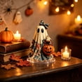 thumbnail image 5 of JVBTVB Acrylic Ghost Ornament Halloween Tabletop Decor Cute Blue Floral Ghost Figurine with Pumpkin Bucket for Mantel Shelf Fall Home Party Display, 5 of 6