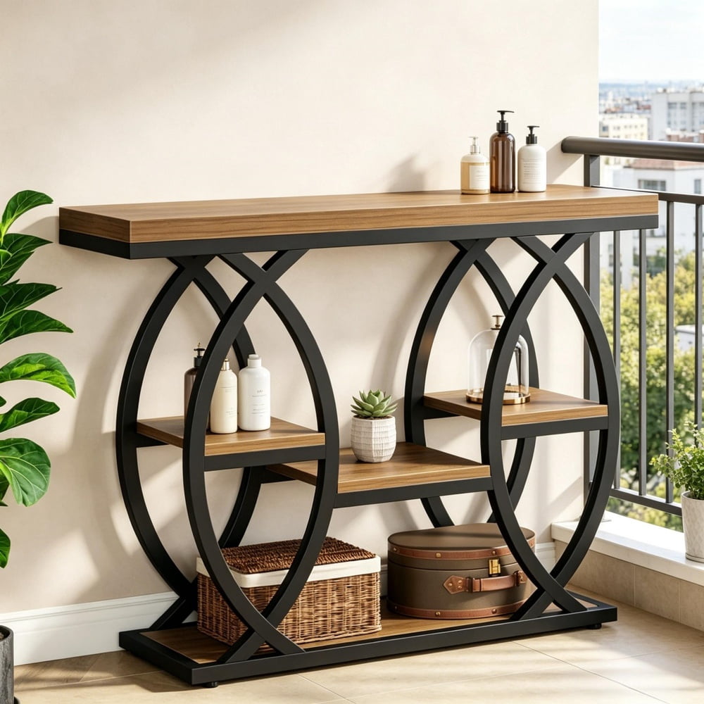 4-Tier Industrial Console Table, Rustic Top with Geometric Metal Frame, Narrow Entryway Sofa Table with Anti-Tip Device & Adjustable Foot Pads for Home Decor