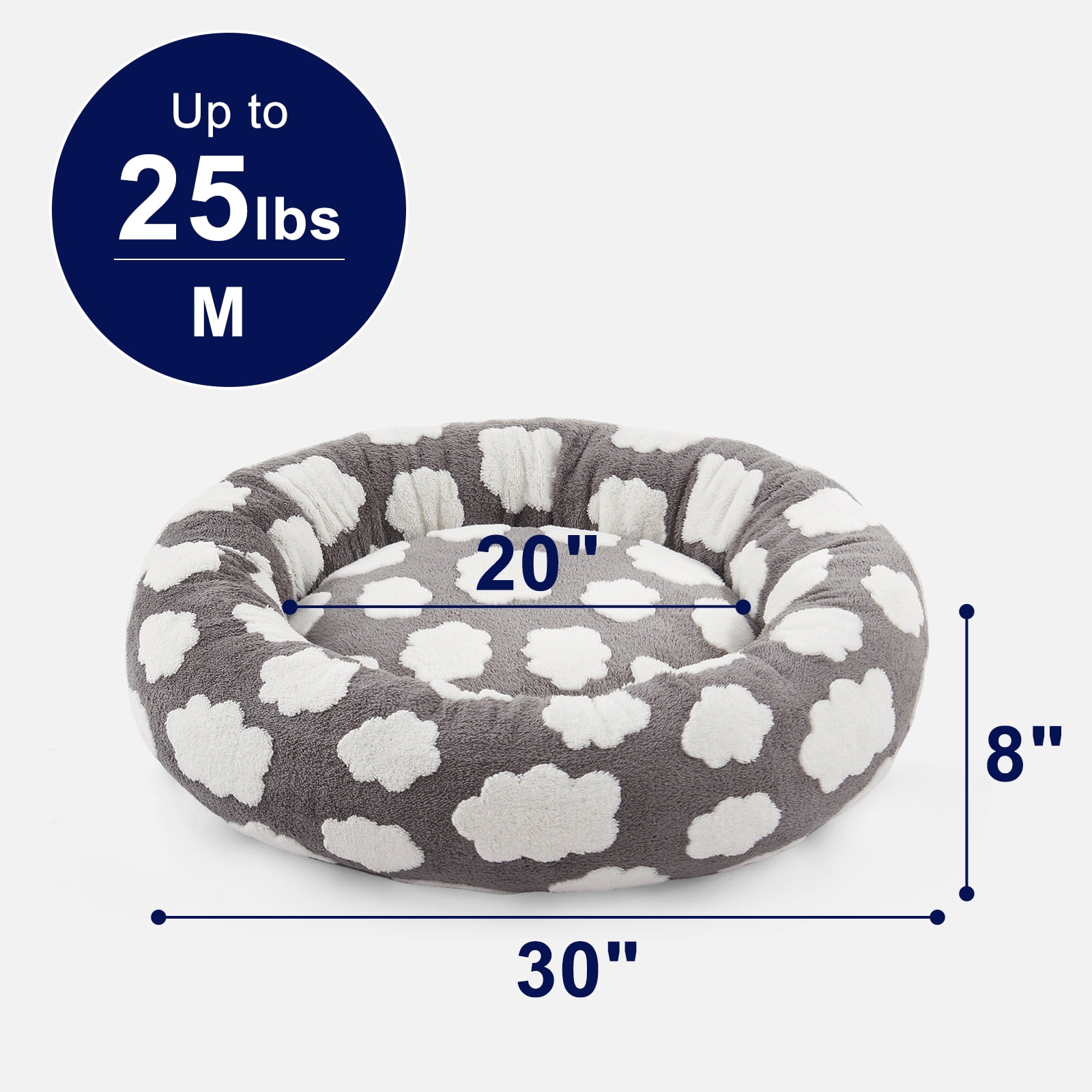 Donut Dog Bed Medium, Calming Round Pet Bed for Dogs and Cats, Washable Jacquard Plush Cover with Non-Slip Bottom, Indoor Cat Bed, Gray, 30"x30"x8"