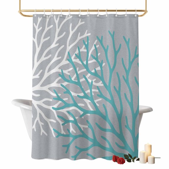 Grey Sea Coral Bathroom Shower Curtains with Hooks, Summer Coastal Nautical Ocean Teal White Coral Waterproof Fabric Washable Shower Curtain for Home Hotel Bathtub Decor 60x72 Inch