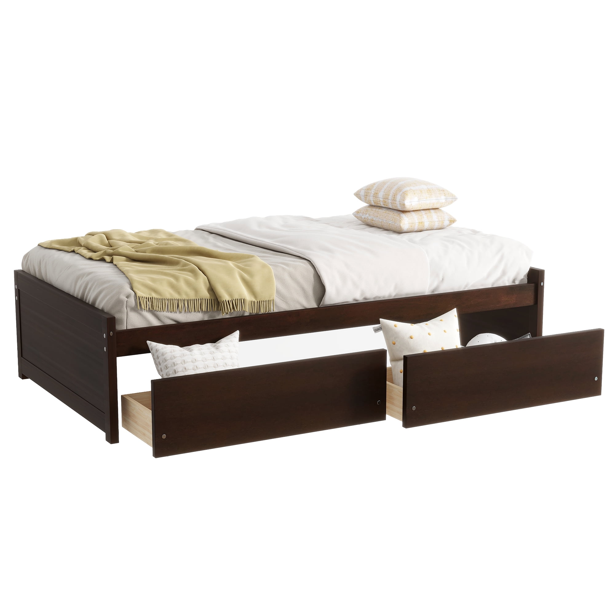 Sailvan Twin Size Bed with 2 Drawers, Solid Rubber Wood Bed