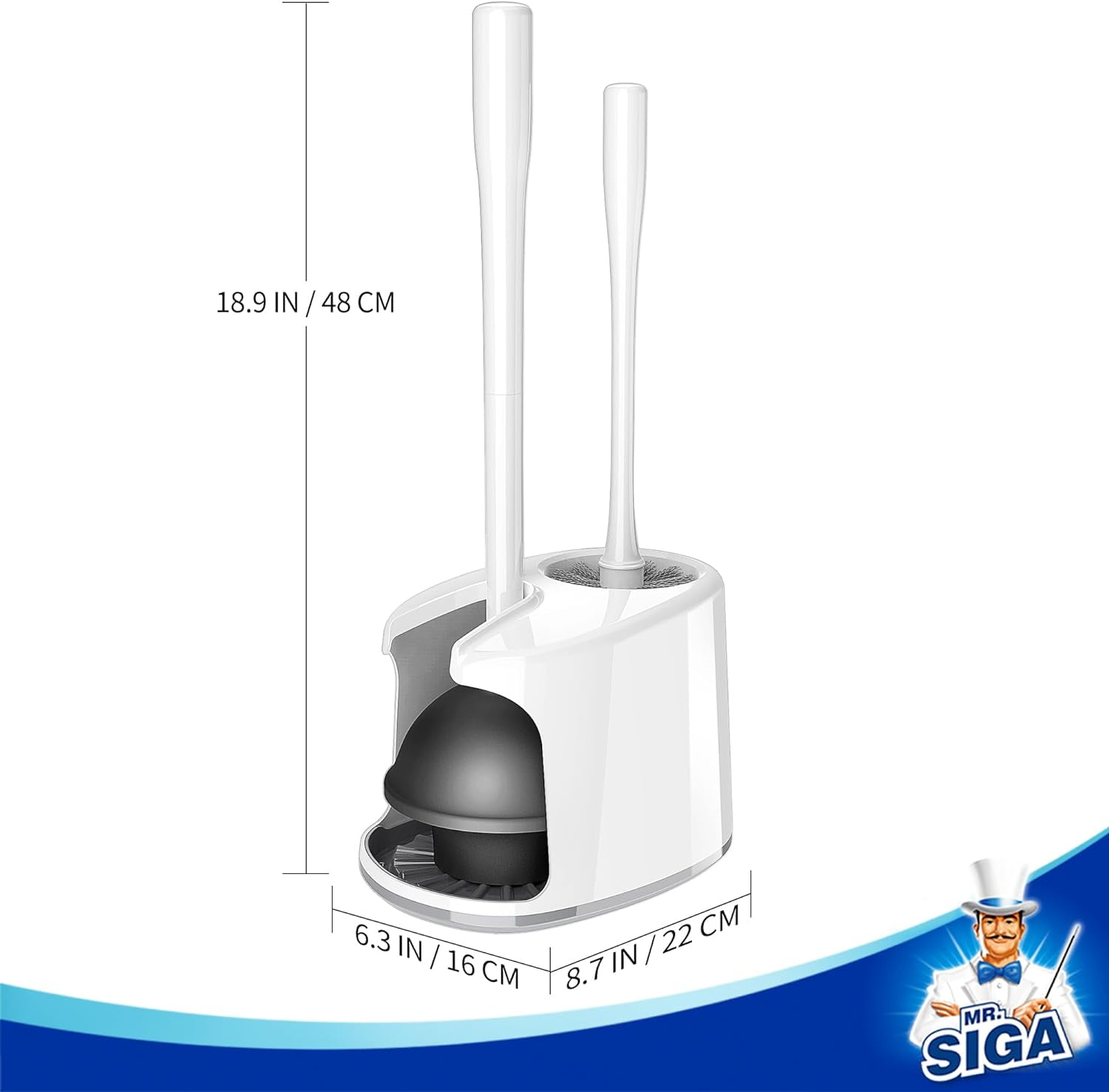Toilet Plunger and Bowl Brush with Holder, Heavy Duty Toilet Brush and Plunger Set for Bathroom Cleaning, White, 1 Set