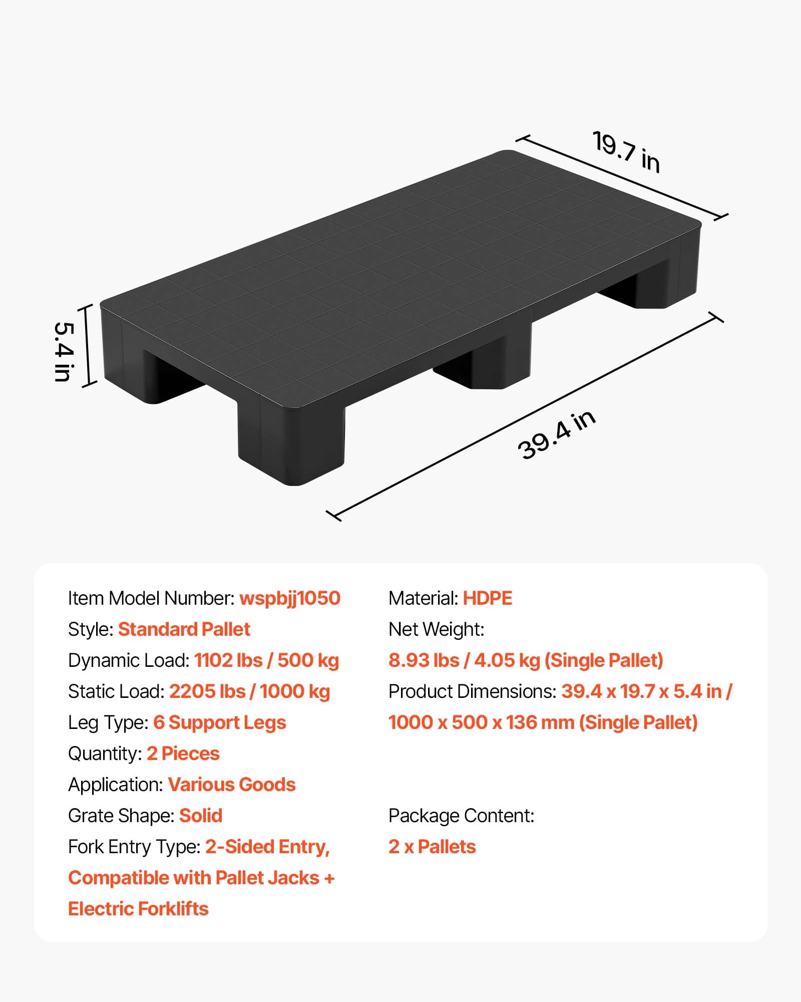 VEVOR Plastic Pallets, 2 Pcs Plastic Pallets for Basement Storage, Lightweight Waterproof Floor Storage Pad for Indoor Outdoor Supermarket Warehouse, Support up to 2205 lbs, 39.4"x19.7"x5.4", Black