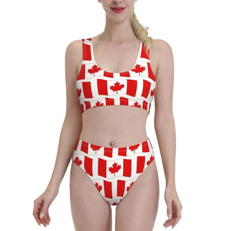 Bixox Canada Pattern Two-Piece Sports Bikini with U-Shaped Top and High-Waist Bottom - Women s Swimwear with Removable Bra Pads