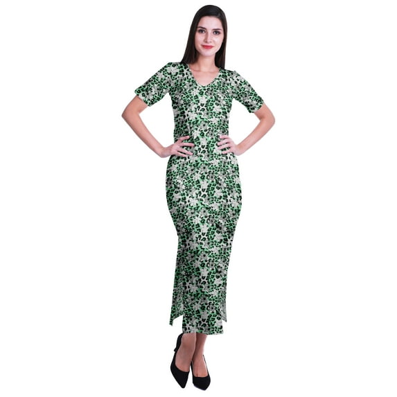 Moomaya Long Bodycon Maxi Dress For Womens Short Sleeve V neck Printed Jersey T-shirt Dress