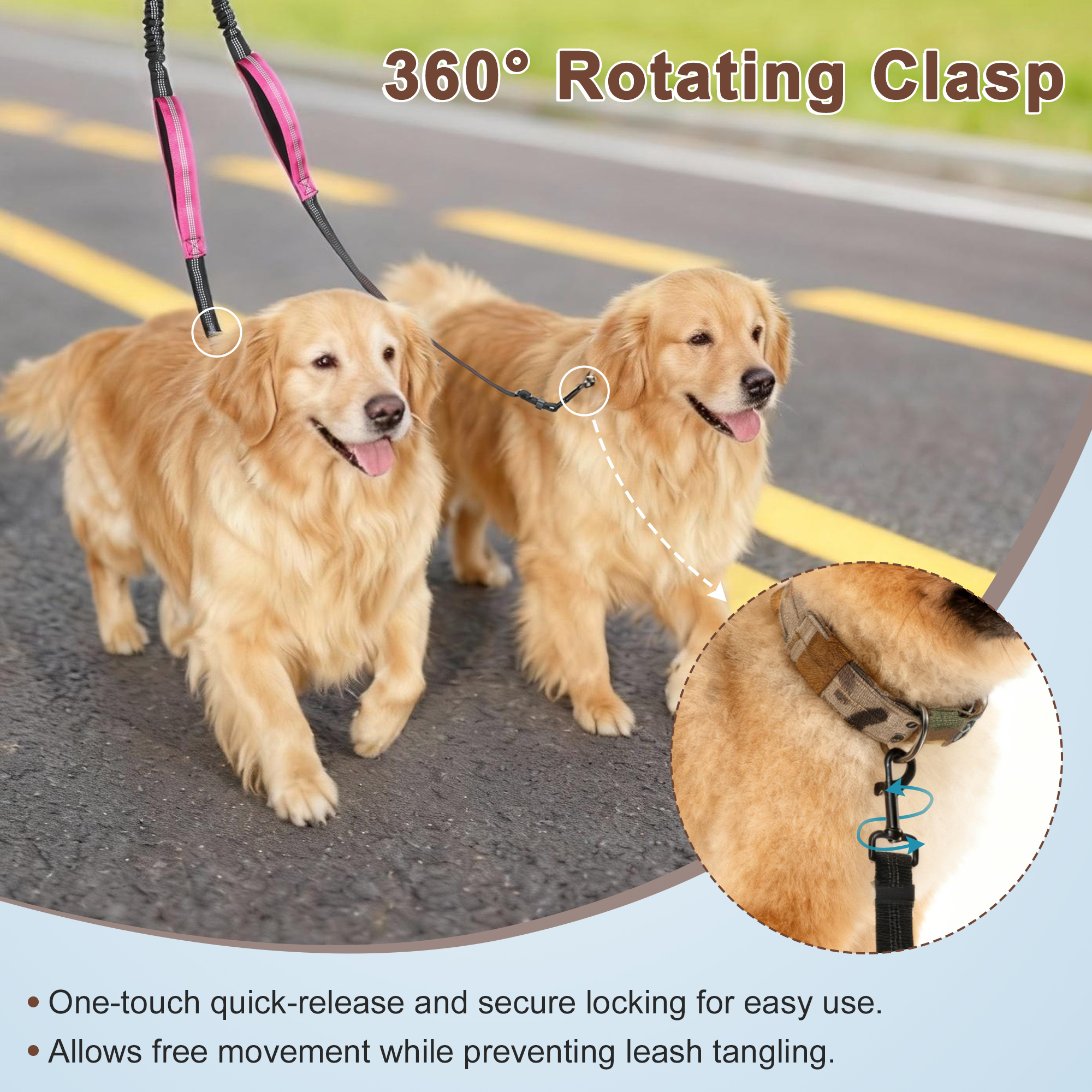 Unique Bargains Adjustable Dog Leash No Tangle Dual Leash for Two Dogs Rose Red