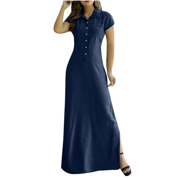 QUYUON Denim Maxi Shirt Dresses for Women Summer Short Sleeve Button Tab Collar Jean Shirts Long Dress with Pockets Side Split A-Line Loose Casual Blouse Denim Dress, Navy 4XL