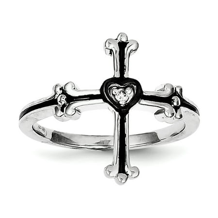 925 Sterling Silver Diamond Cross Religious Black Band Ring Size 8.00