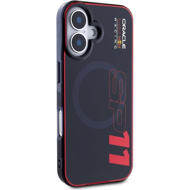 funda redbull tpu para iphone 16 negro — vista 3/4 lateral de funda negra con borde rojo fino, acabado mate, grandes letras 'SP11' en rojo y óvalo gris, recorte para doble cámara, marcos elevados y acceso a botones; compatible con MagSafe y diseño minimalista.