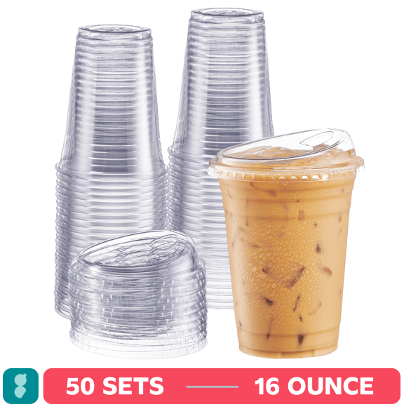 GUSTO 16 oz Crystal Clear Plastic Cups with Strawless Sip Lids, Disposable Drinking Cups for Iced Coffee, 50 Count
