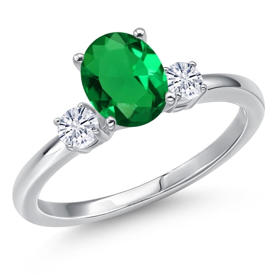 Gem Stone King 14K White Gold Green Nano Emerald and White Moissanite Engagement Ring for Women | 0.95 Cttw | Oval 8X6MM | Gemstone May Birthstone | Size 5