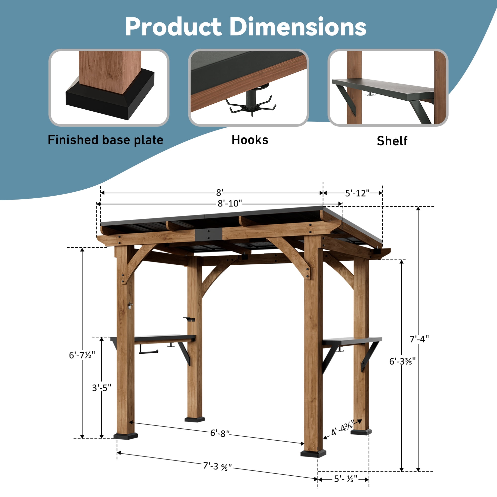 Modern Cedar Wood Grill Gazebo with Steel Roof & Shelving, 6' x 8', Patio BBQ Gazebo with USB Charging Ports