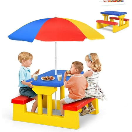 Kids Picnic Table with Removable and Foldable Umbrella, Portable Toddler Plastic Picnic Table for Outdoor, Colorful (1 Count)