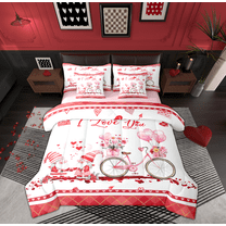Feelyou Romantic Bike Child Bedding Comforter Set 7 Pieces, Couple Cartoon Gnome Full Bedding Set, Valentines Day Reversible Fitted Sheet Flat Sheet, Microfiber Bedroom Decor