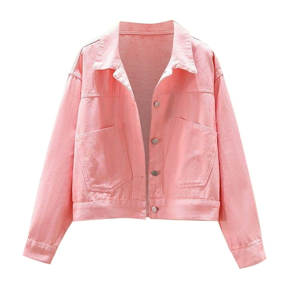 Uooqdmx Jean Jacket Women Denim Jacket for Women Fashion Denim Jacket Casual Solid Color Jacket Cardigan Button Cargo Coat Cropped Jacket Pink L